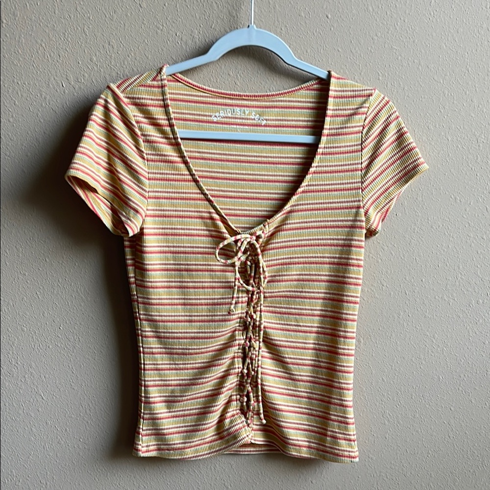 Vibrant Orange and Pink Fitted Tie Front Tee